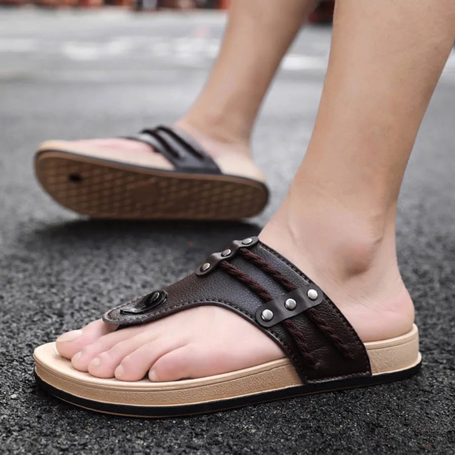 

Summer Fashion Nice PU Men'S Basic Slippers Out Wear Beach Causal Comfortable Hard-Wearing & Anti-skid Men'S Flip Flops Male