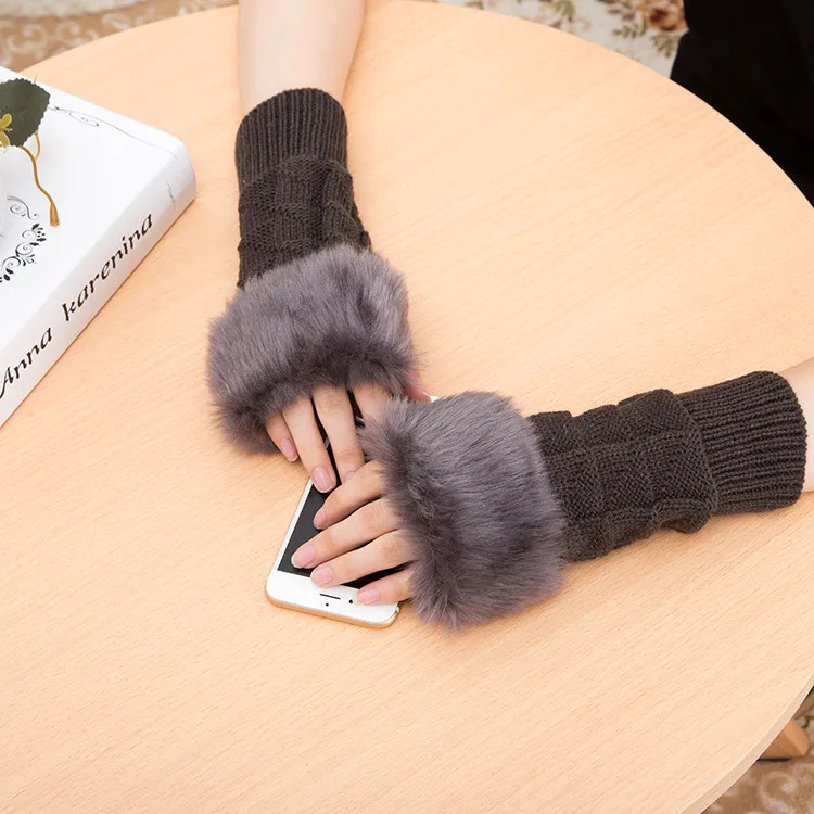 Для женщин зимние теплые вязаные шерстяные из искусственного меха перчатки Дамы Утепленная одежда варежки для девочек пальцев длинные