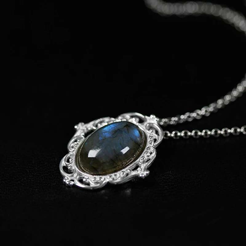 Lotus Fun Real 925 Sterling Silver Natural Labradorite Handmade Fine Jewelry Vintage Pendant without Necklace Women Acessorios
