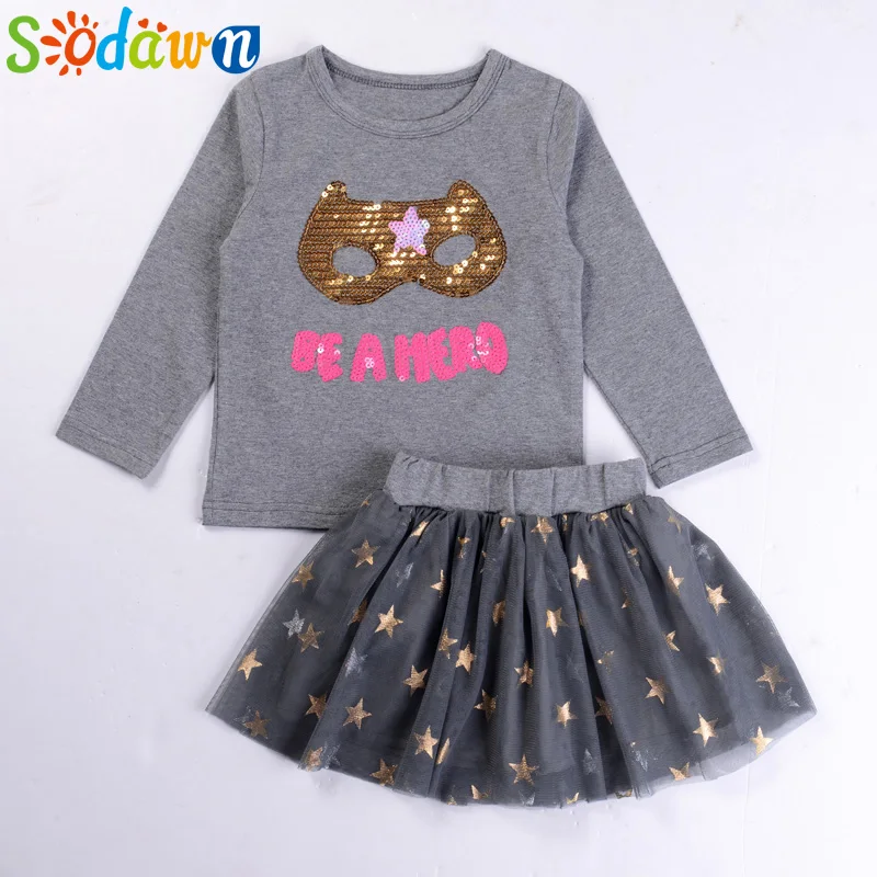 

Sodawn Girls Clothing Sets Baby Girl Clothes Kids Clothing Brand Girls Dress Children Clothing Sequins Mask Long Sleeve+Dress