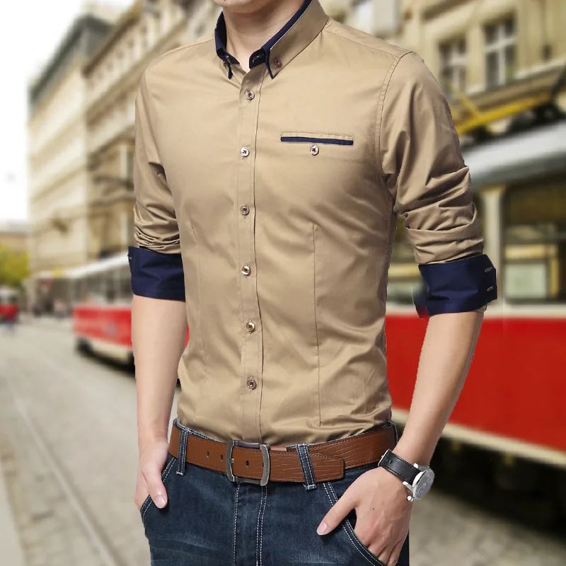 Бренд TFETTERS, корейский стиль, мужская повседневная деловая рубашка, длинный рукав, сплошной цвет, хлопок, мужская рубашка с отложным воротником, рубашка для мужчин - Цвет: Хаки