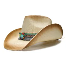 LUCKYLIANJI женская мужская летняя Соломенная пляжная ковбойская Западная пастушка Fedora Шляпа кисточкой Бусы из бирюзы кожаный ремешок(58 см