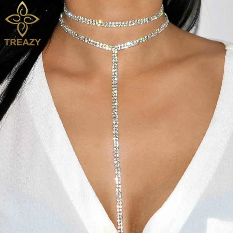TREAZY двойной слой кристаллов Длинная кисточка из горного хрусталя колье Цепочки и ожерелья для Для женщин заявление ювелирные изделия Воротник Чокеры, колье Bijoux(украшения своими руками
