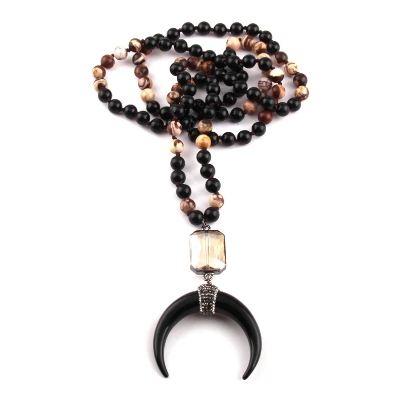 MOODPC Новинка! 108 бусы мала черный камень завязанный кристаллами подвеска в виде Луны ожерелье женское медитация ожерелье для йоги