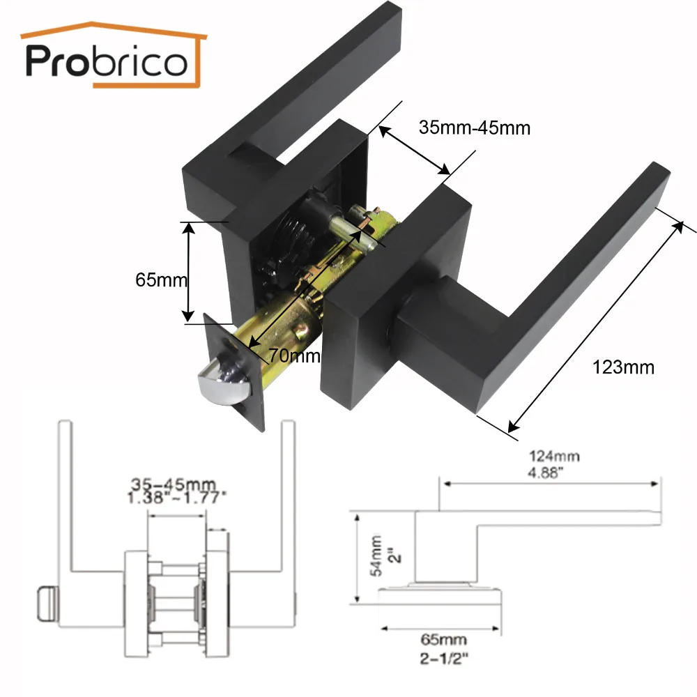 Probrico черная дверная ручка для ванной, квадратная дверная ручка для спальни, замок без ключа, замок для прохода, нержавеющая сталь, межкомнатные двери, фурнитура