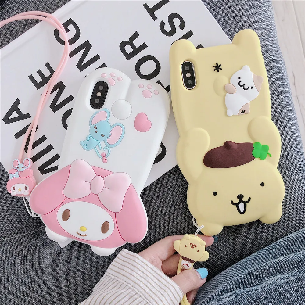 3D Аниме My melody Hello kitty Мягкий силиконовый чехол для телефона для iphone 11 pro max 6 7 8 plus X XR XS MAX Cinnamoroll Lanyard Cover