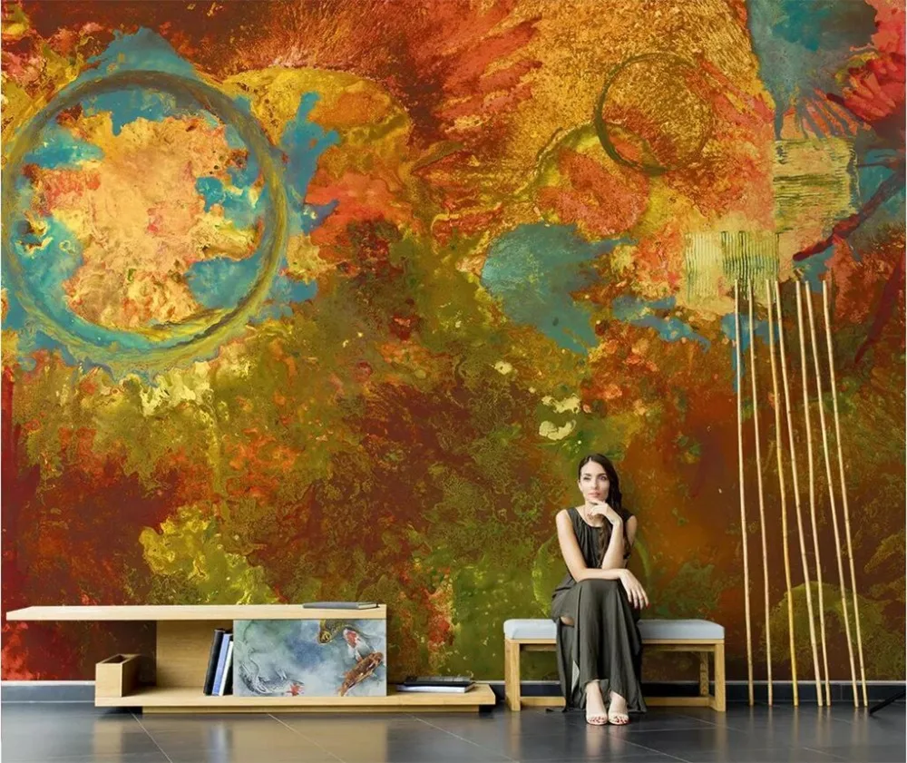 

beibehang Custom wallpaper 3d photo mural red circle abstract oil painting green yellow modern abstract painting 3d wall paper