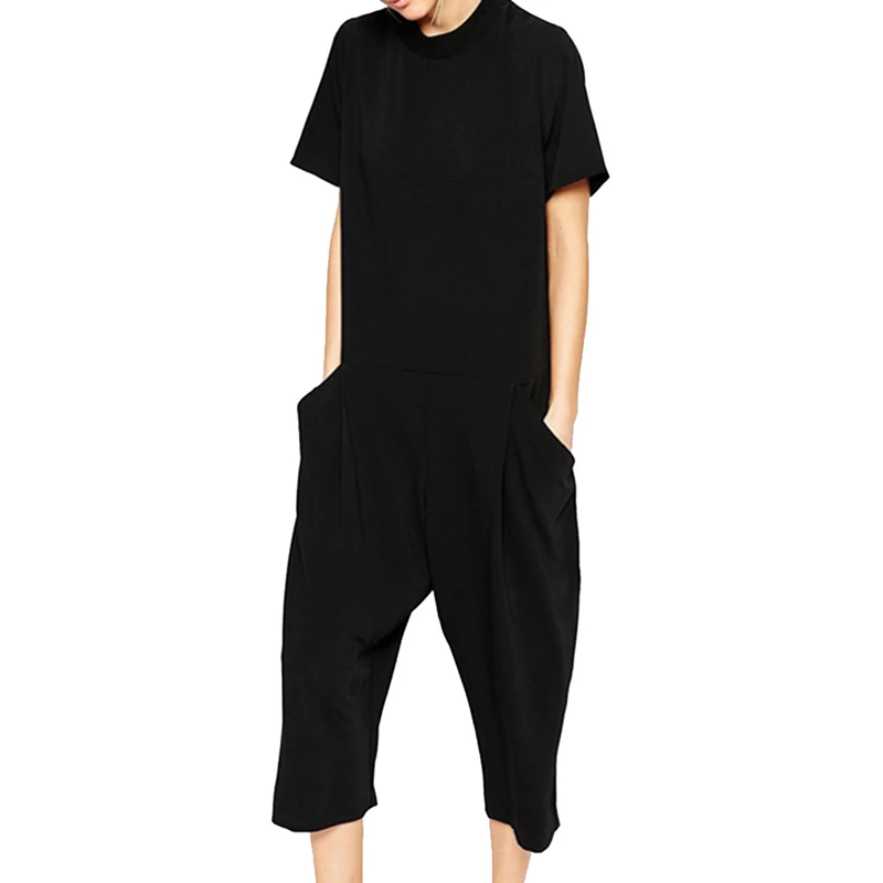 2019 Summer Black Rompers Womens Jumpsuit Elegant Side Pocket loose-fitting Combinaison Femme Romper Overalls Jumpsuit For Women