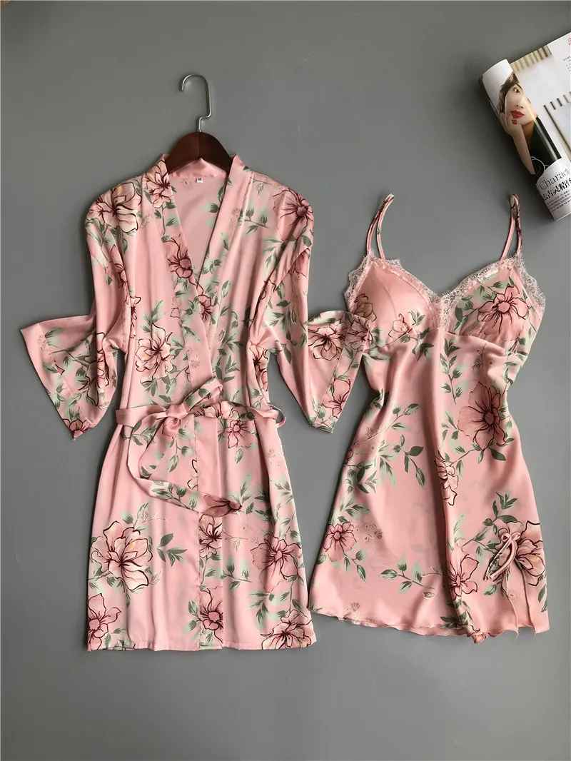 

Silk Robe Femme with Chest Pads Sexy Lace Sleepwear Night Dress Robes Women Nightwear Robe Set Nighty Home Dress Sleeping Dress