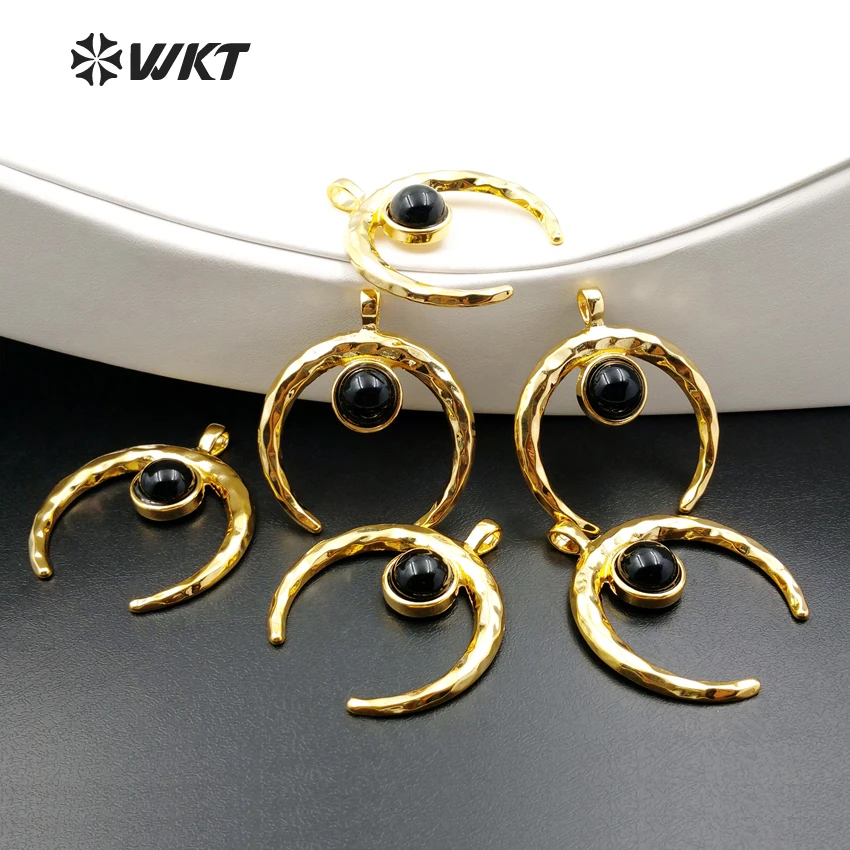 WT-P1113 Wholesale Custom Fashion Natural Black Stone Insert Gold Horn Pendant Fixed Rings Trency For Necklace | Украшения и