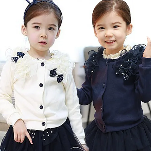 

Girls Sweater 2018 Spring and Autumn Bow Decoration Lace Patchwork Pure White Blue Long-Sleeve Kids Baby Child Girl Cardigan
