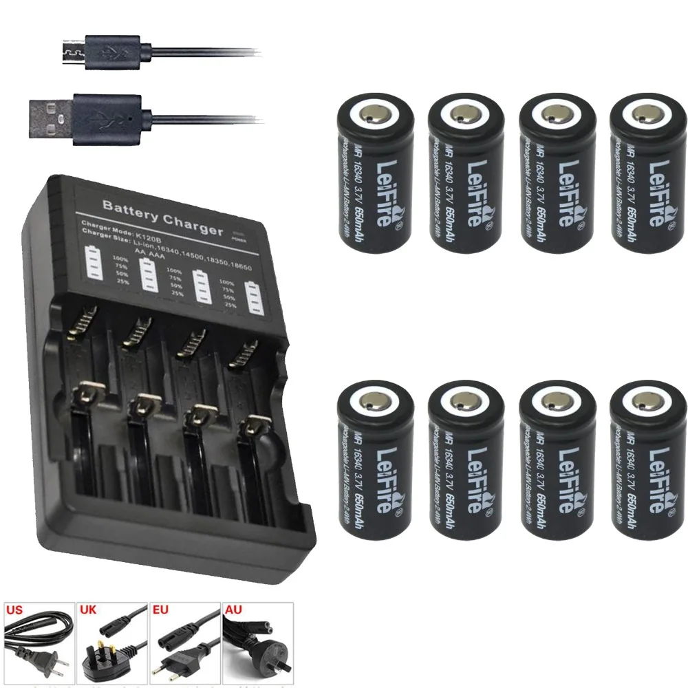 

8pcs 16340 CR123A 650mAH lithium battery 16340 battery + 1pcs 18650 16340 14500 AAA Multi four-Charger for flashlight