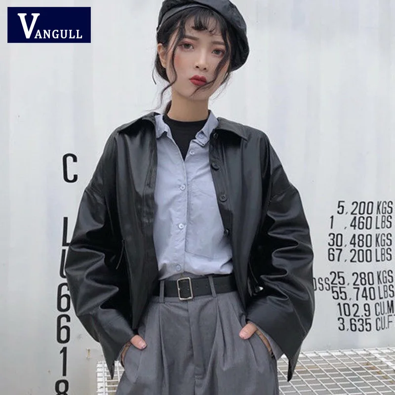 Vangull Новая Большая Черная куртка из искусственной кожи с карманами модная укороченная куртка с длинными рукавами женская уличная короткое пальто