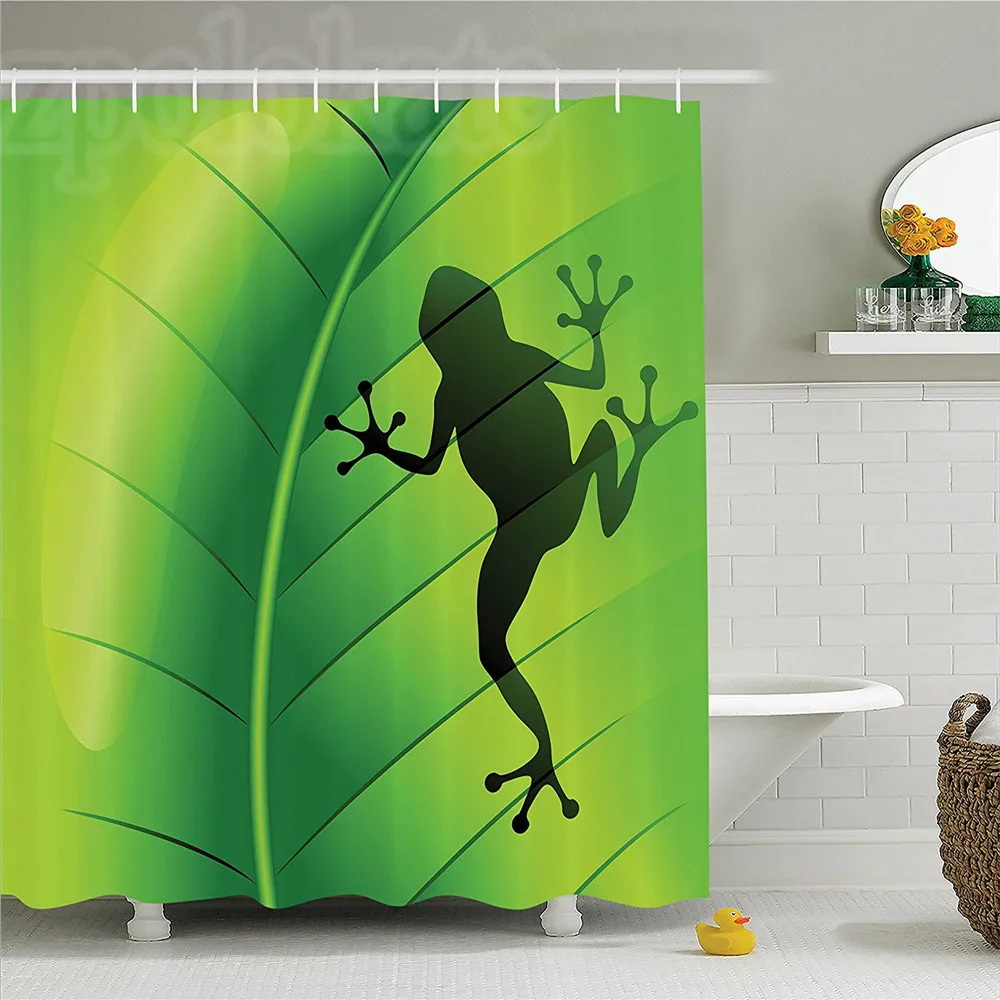 Animal Silhouette of a Frog on the Exotic Macro Tropical Leaf Plant Wild Life Nature Illustration Polyester Bath Shower Curtain | Дом и сад