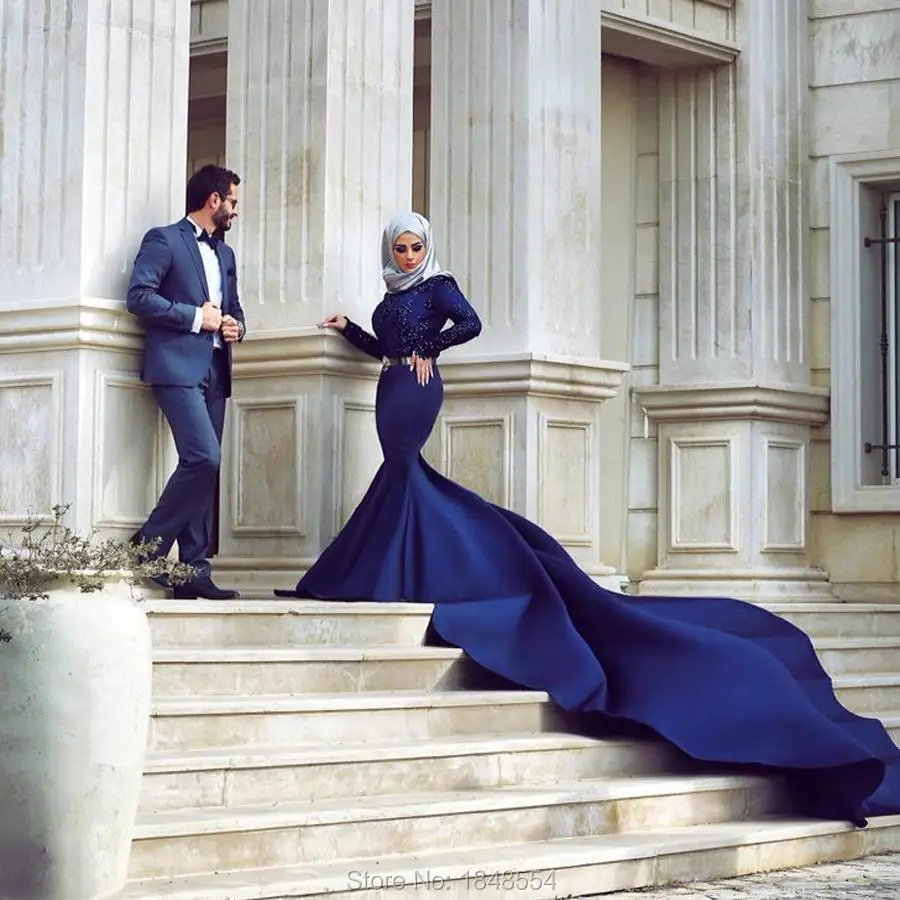 MZY527 deep blue beaded long sleeve satin muslim wedding dress font b hijab b font mermaid