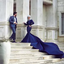 MZY527 deep blue beaded long sleeve satin muslim wedding dress font b hijab b font mermaid