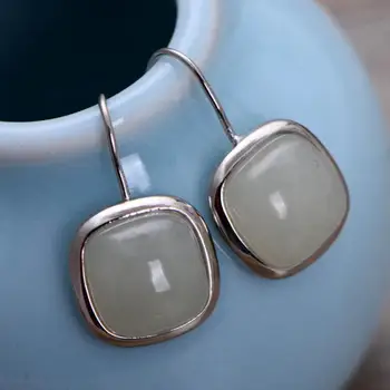 

Natural Gemstone Jade Earrings For Women 925 Sterling Silver Jewelry Simple Square Shaped Stone Small Refreshing