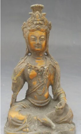

RHS0061 8" Old Chinese Bronze Gilt Seat Kwan-Yin Guan Yin Bodhisattva Goddess Statue