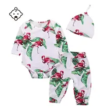 

Baby Girls Rompers Cartoon Flamingo Pattern 3Pcs Suits Cute Jumpsuit Pants Cap Autumn Clothes Set Long Sleeve Newborn Overalls