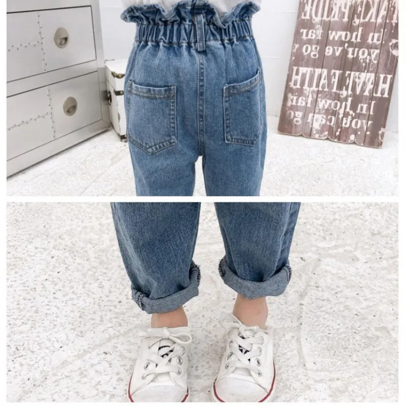 Детские повседневные джинсы с эластичной резинкой на талии для маленьких девочек джинсовые штаны брюки на лето и осень