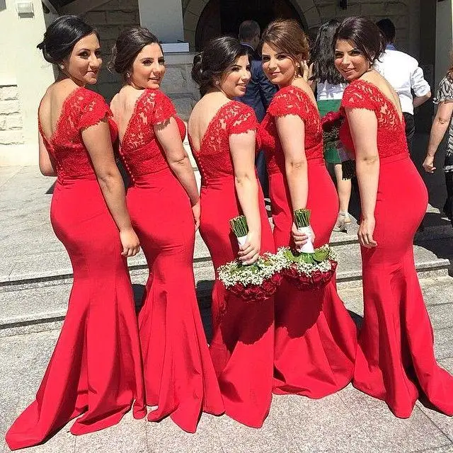 

Red Mermaid Bridesmaid Dresses Plus Size 2019 Vestidos De Dama De Honor Mujer Applique Lace Wedding Guest Dress