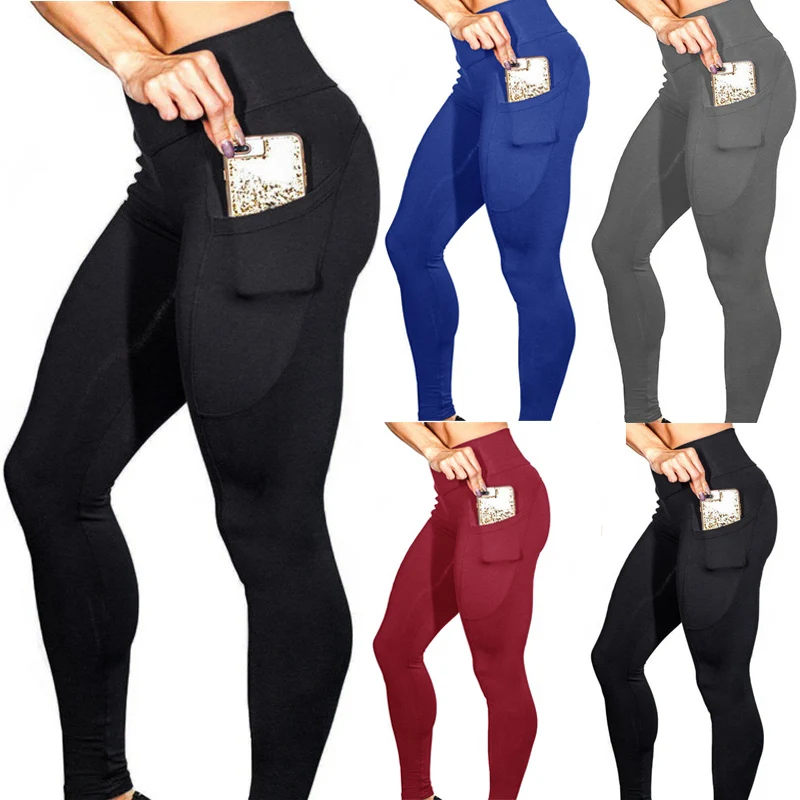 

New Pockets Leggings for Women 2019 Stretch Hip Push Sport Solid Legging Ladies Gym Pants Plus Size Trousers Black Red Blue Red