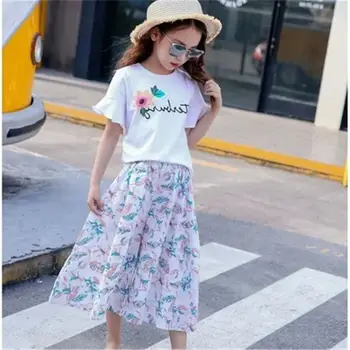 

2019 New Summer Fashion Children Girl Cotton Clothes Sets Toddler Girl Letter Flare Sleeve Tops+Floral Wide-Leg Pants Suits L153