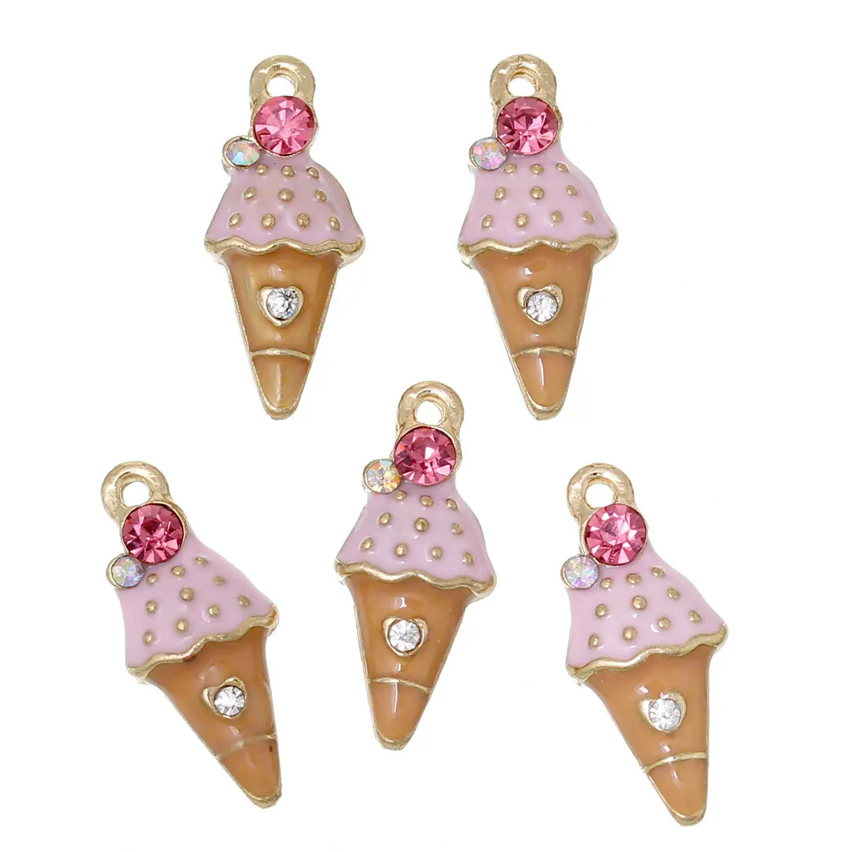 

Doreen Box Charm Pendants Ice Cream Light Golden Multicolor Pink Rhinestone Enamel 23mm( 7/8") x 10mm( 3/8"),5 PCs 2016 new