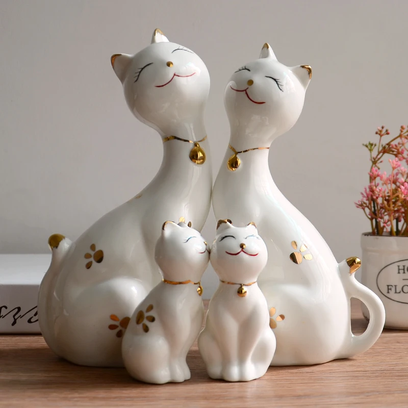 

Nordic cute ceramic lucky cat family love home decor crafts room decoration objects Smiling cat statue porcelain animal figurine