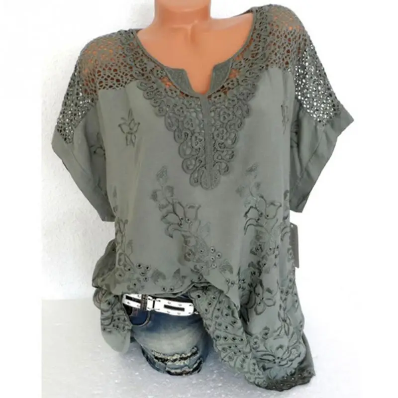 Women Blouse Plus Size XL-5XL Bat's wing sleeved V neck Tops shirt Fashion Lace Edge vestidos casual shirts #0128