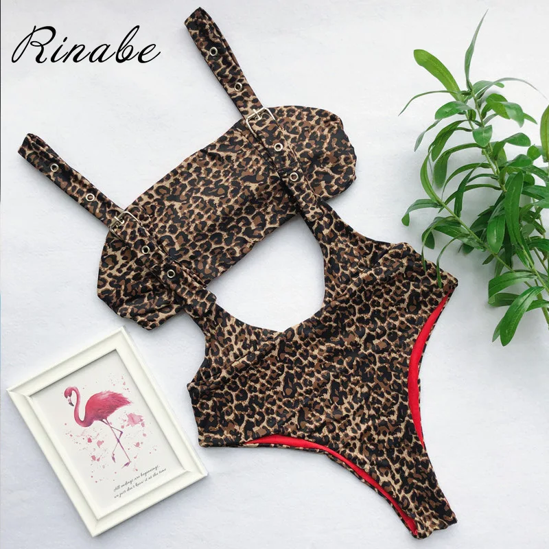

Rinabe 2019 Sexy Leopard One Piece Swimsuit Hollow Out Thong Swimwear Female Bathing Suit Women High Biquini Summer Bikini Mujer