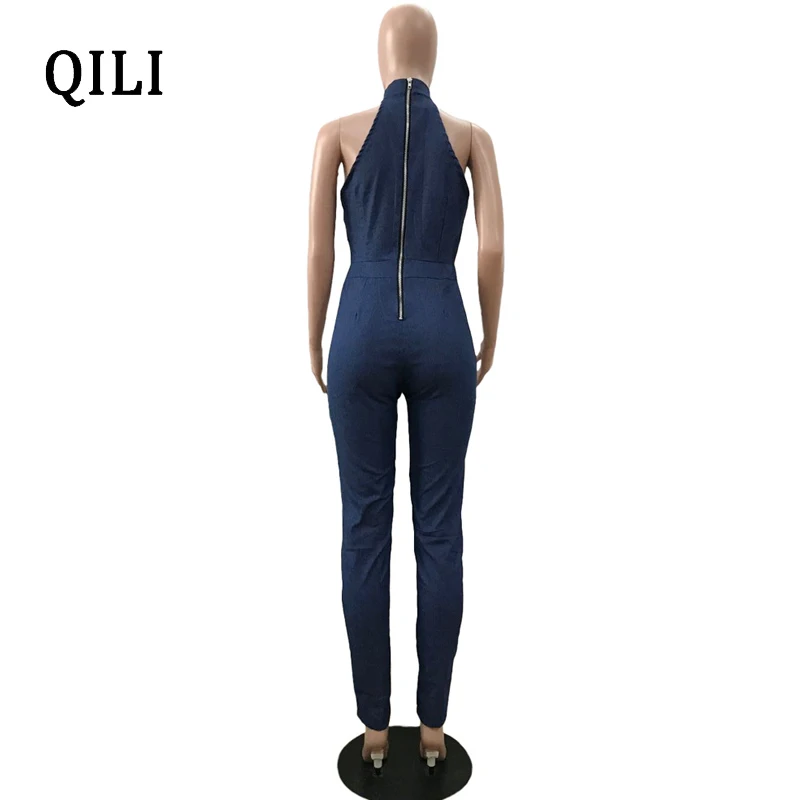 QILI Women Denim Jumpsuits Romper Sleeveless Rear Zipper Casual Jumpsuit Summer Women Elegant Skinny Long Pants Overalls