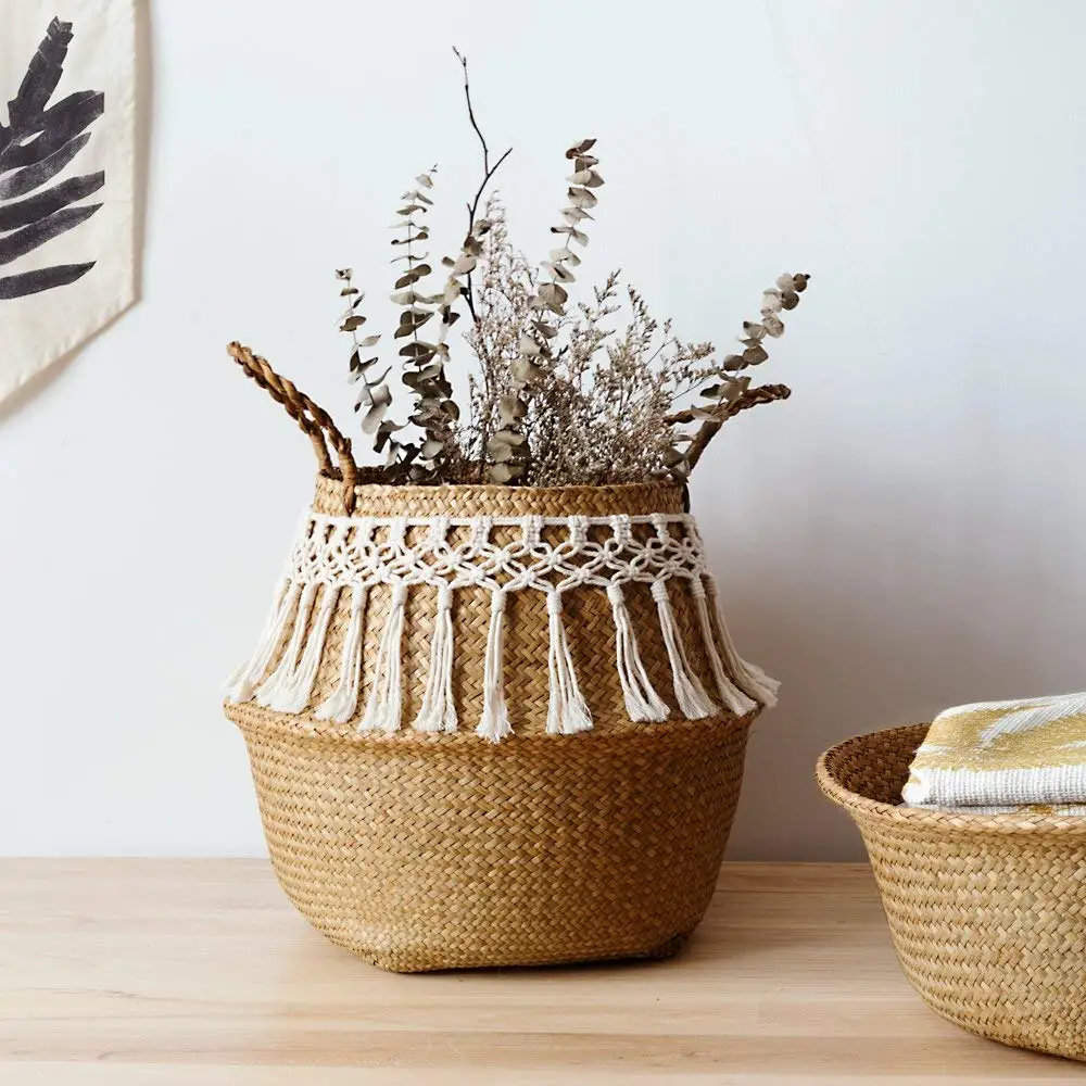 

32x28cm Fringed Macrame Woven Basket Folding Decorative Basket Garden Flower Pot Rattan Basket Home Organization Laundry Basket