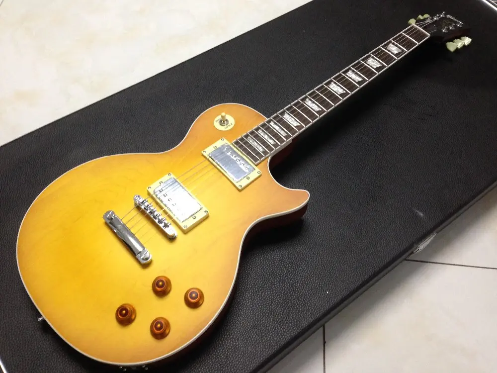 

Free shipping Lp 1960 elctric guitar with one piece wood body lemon sunburst matt finish