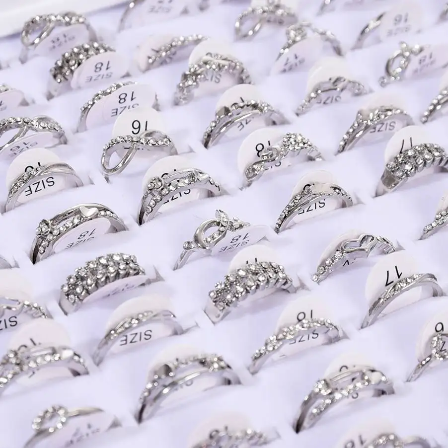 

10pcs Wholesale Bulk Fashion Silver P Women Rings Small Finger Ring Band Jewellery Mix styles Crystal Heart Charm Ring Sz 16-18