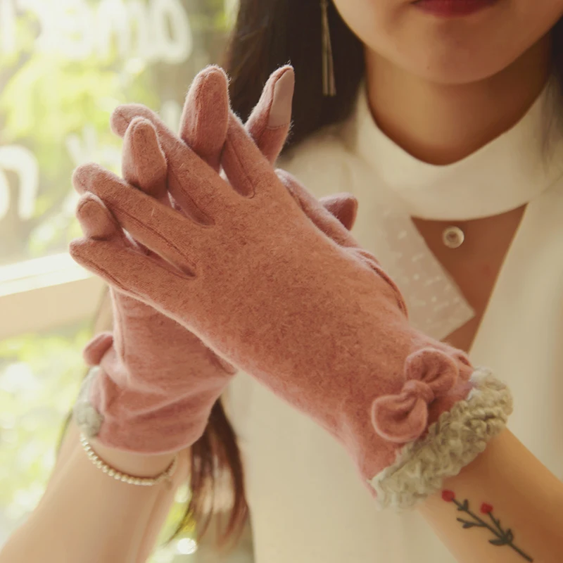 Woman's Wool Gloves Spring Autumn Warm Elegant Lady Driving Touchscreen Five Fingers Gloves Thin Style BN87014