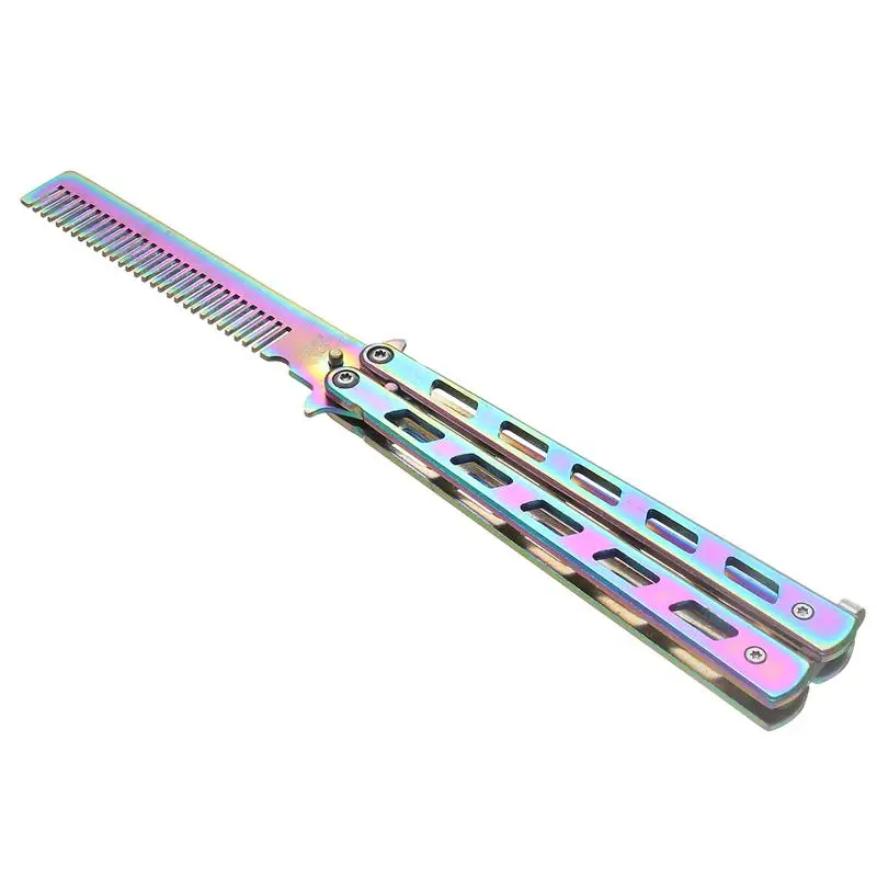 Rainbow Foldable Comb Stainless Steel Practice Training Butterfly Knife Beard & Moustache BrushesHairdressing Styling Tool |