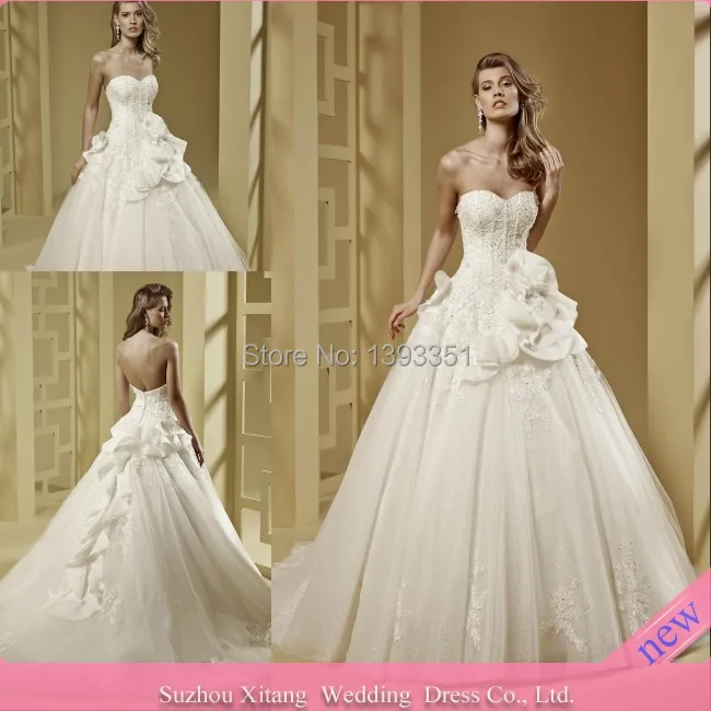 M330 FASHION Ball Gown Sweetheart Ruffles Flower Backless Applique Organza Floor length Wedding dress Cheap 2015 | Свадьбы и