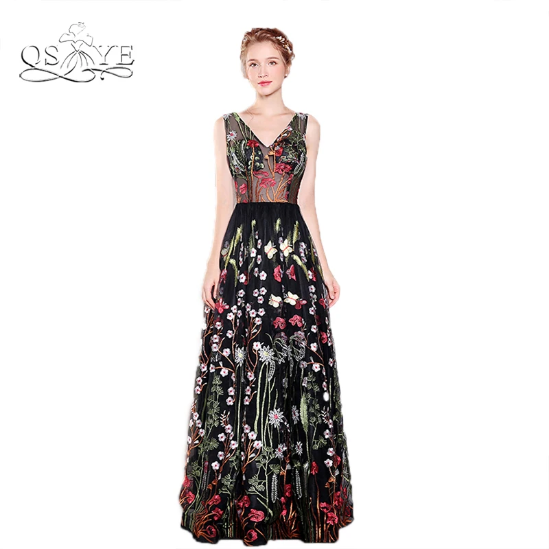 

Sexy Black Lace Evening Dress 2018 New Fashion Floral Flowers Pattern Print Long Prom Dress V Neck Sleeveless Formal Party Gowns