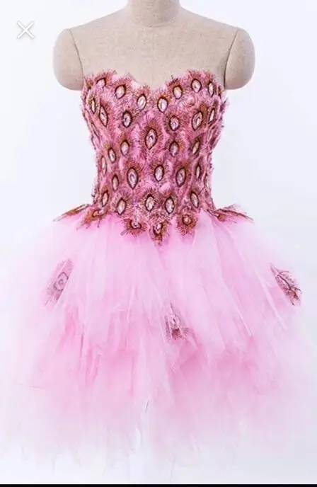 

Pink sweetheart tulle short homecoming dresses peacock lace applique beaded Layered ruffles short party prom dresses