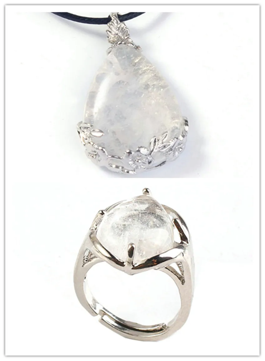 

Kraft-beads Silver Plated Natural Rock Crystal with Flower Pendant Water Drop Ring For New Year Jewelry Sets