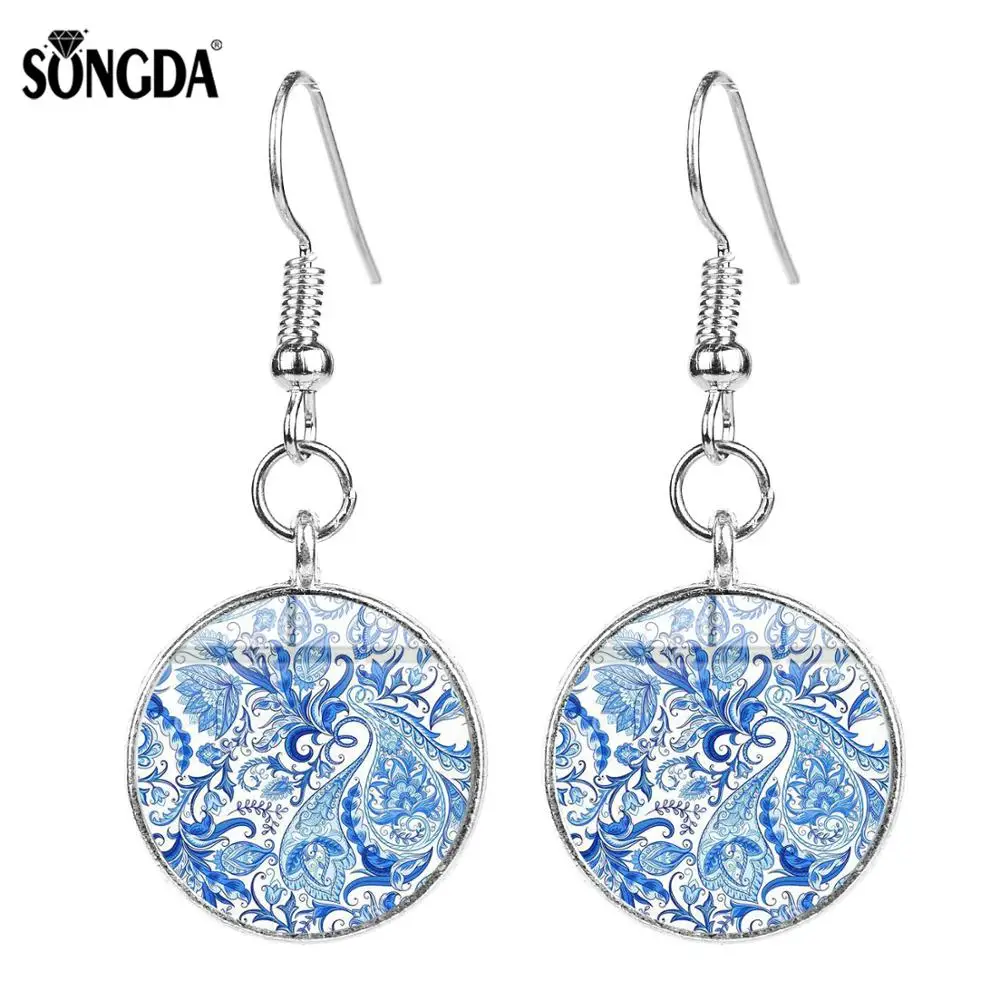 

SONGDA Vintage Ethnic Paisley Flowers Earrings for Lady Fashion Bohemian Statement Glass Cabochon Dangle Earrings Women Jewelry