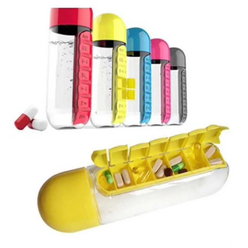 

600ml Sports Plastic Water Bottle Combine Daily Pill Boxes Organizer Drinking Bottles Leak-Proof Bottle Tumbler Outdoor