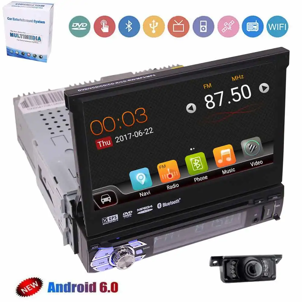 

Single Din Android 6.0 Stereo FM AM RDS Car Radio 3D GPS Free-Map 7" Touch Screen CD DVD Player Bluetooth 3G/4G Wifi Camera SWC