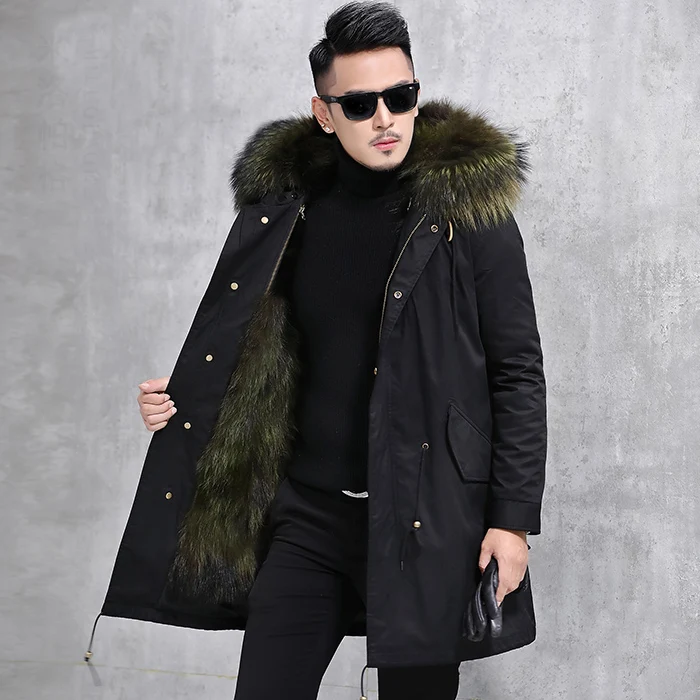 AYUNSUE, зимняя куртка для мужчин, натуральный мех, куртки для мужчин, натуральный мех енота, пальто, парка, мужское длинное пальто, ветровка, MG-026, LX2365 - Цвет: black  junlv liner