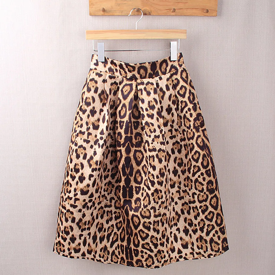 2016 Women Leopard Print High Waist Midi Skirts Summer Knee Length