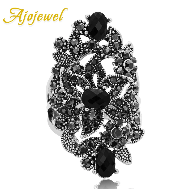 

Ajojewel Black Crystal Rhinestone Flower Jewelry Vintage Retro Ring Woman Big Rings Ringen