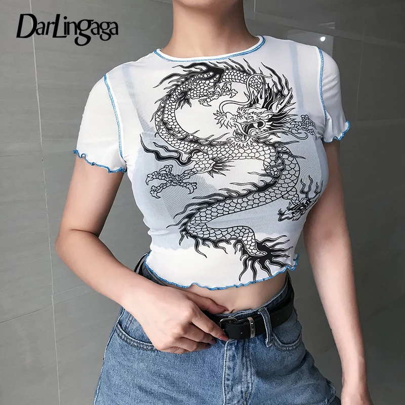 

Darlingaga Transparent Cropped Mesh Top Women T Shirt Dragon Print Sexy Crop Top Fashion Summer T-shirt Chic Tee Shirts Bodycon