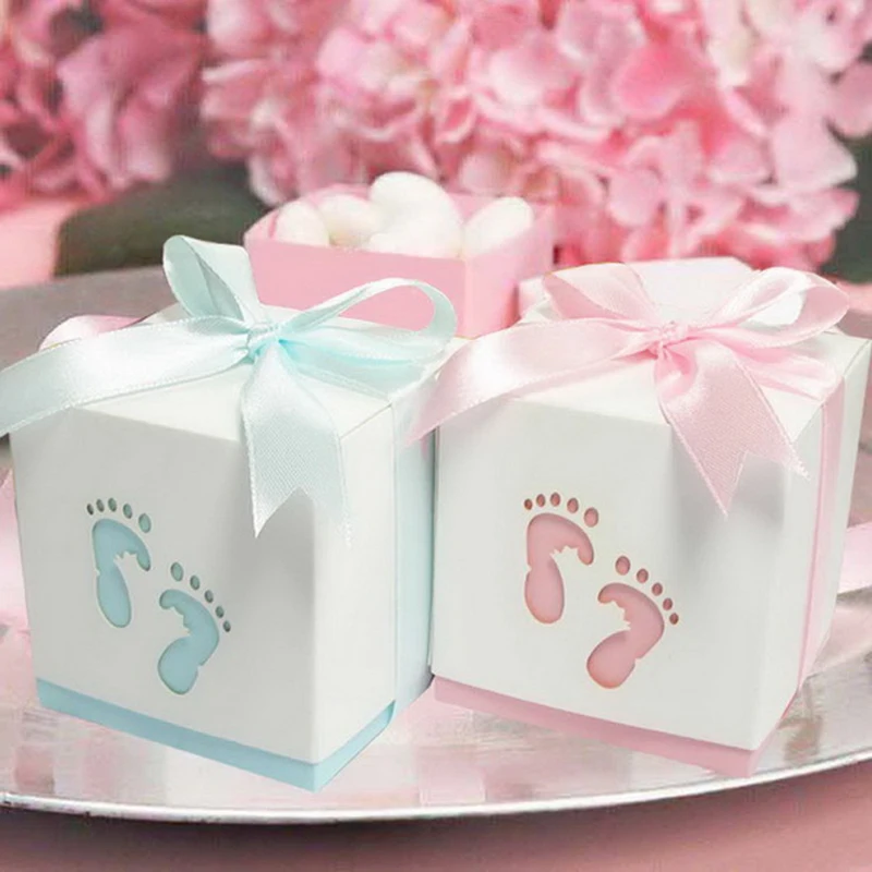 

12pcs/lot Baby Footprints Paper Candy Box With Ribbon Decoration Chocolate Cupcake Bags Wedding Party Event Supplies