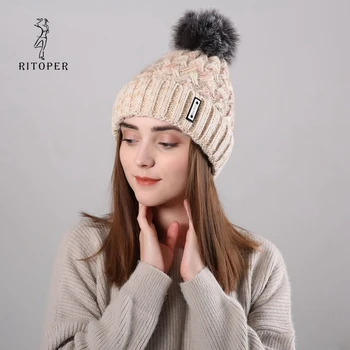 

RITOPER New Winter Women Knitting Plus Velvet Beanie Caps Skullies Caps Crimping Female Fashion Jacquard Warm Faux Fur Ball.